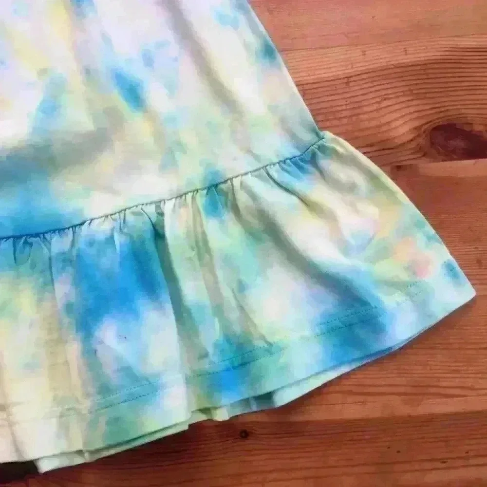 New! Hand Tie dye Puff Sleeve Single Flounce Dress Easter 100% cotton girls 4